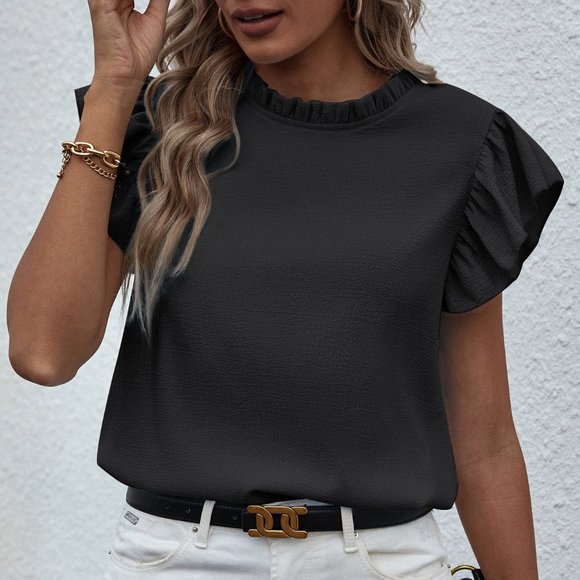 New Mock Neck Lettuce Trim Ruffle Blouse Black - Picture 5 of 7